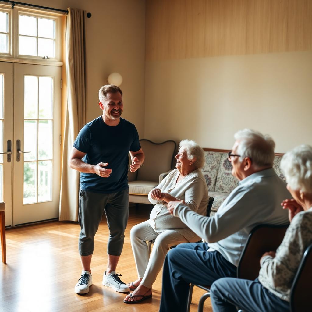 Orion Kester leading a Sit and Be Fit class at a retirement community.